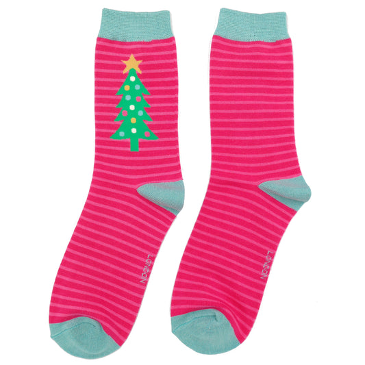 Bamboo Socks | Festive Tree Hot Pink