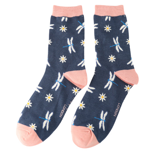 Bamboo Socks | Dragon Flies & Daisies Navy