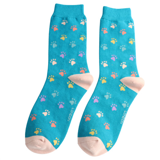 Bamboo Socks | Multi Paw Print Teal