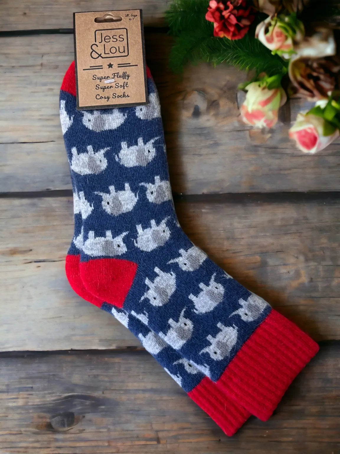 Exquisite Elephants Ribbed Blue & Red Socks