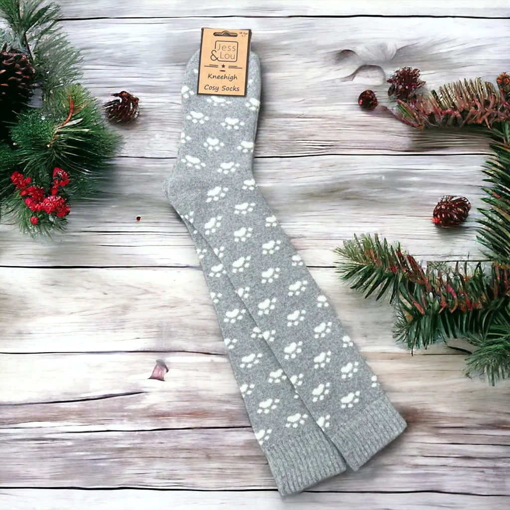 Playful Paws Grey Super Cosy Kneehigh Welly Socks