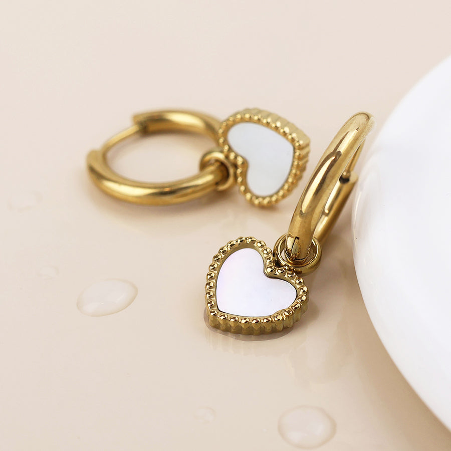 Waterproof Hoop & White Heart Earrings