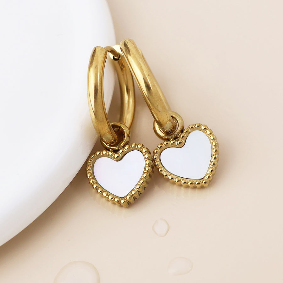 Waterproof Hoop & White Heart Earrings
