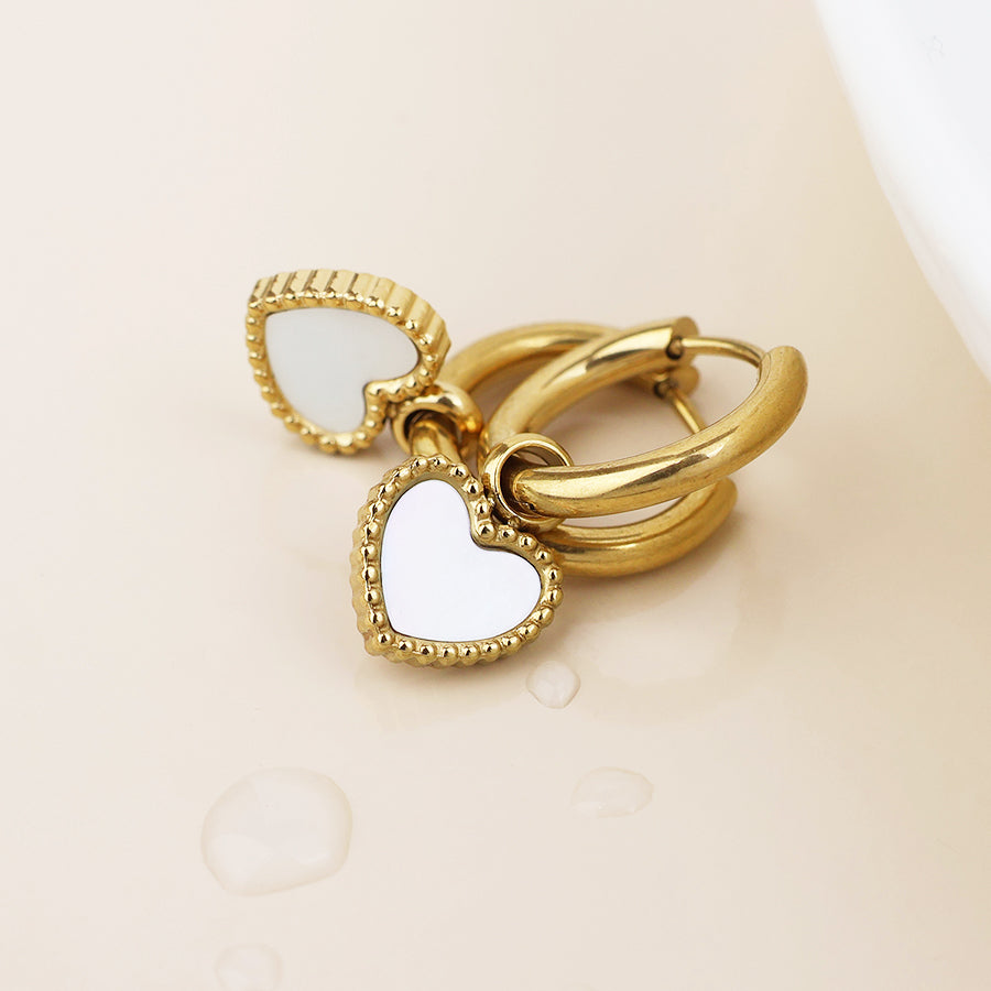Waterproof Hoop & White Heart Earrings