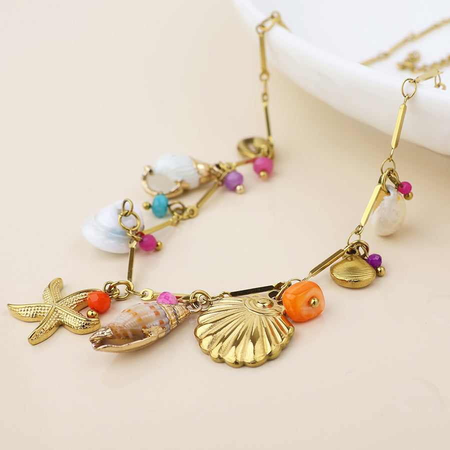 Waterproof Mixed Shell & Bead Charm Necklace