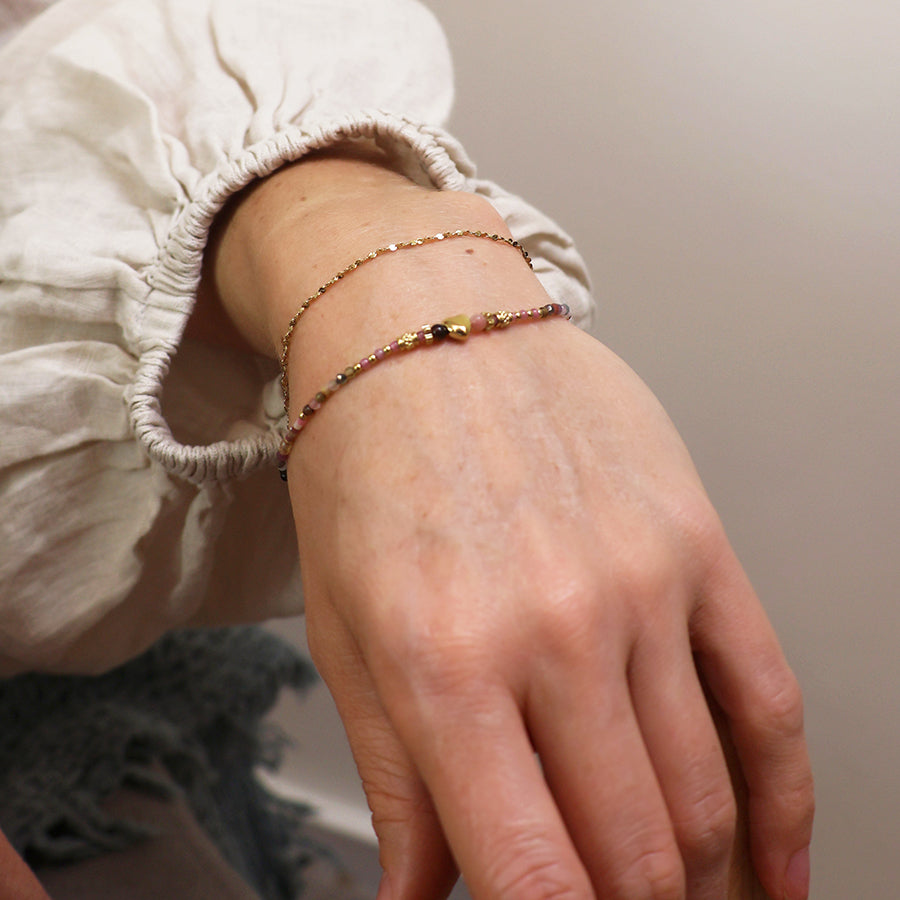 Waterproof Heart & Pink Beaded Layered Bracelet