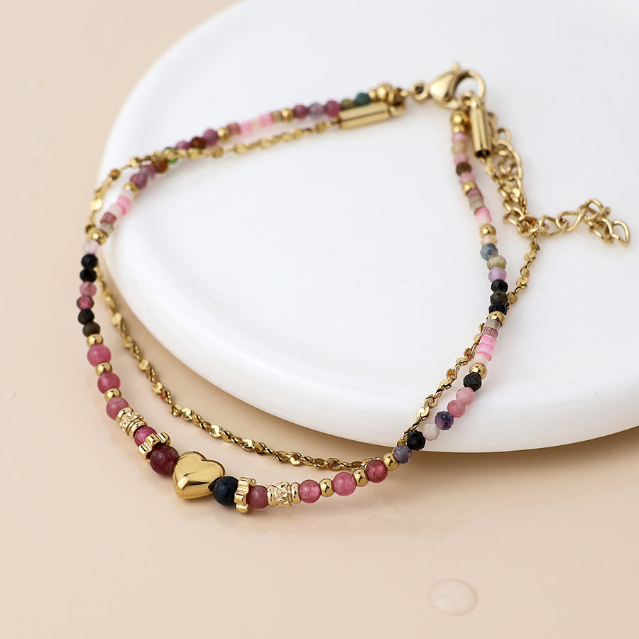 Waterproof Heart & Pink Beaded Layered Bracelet