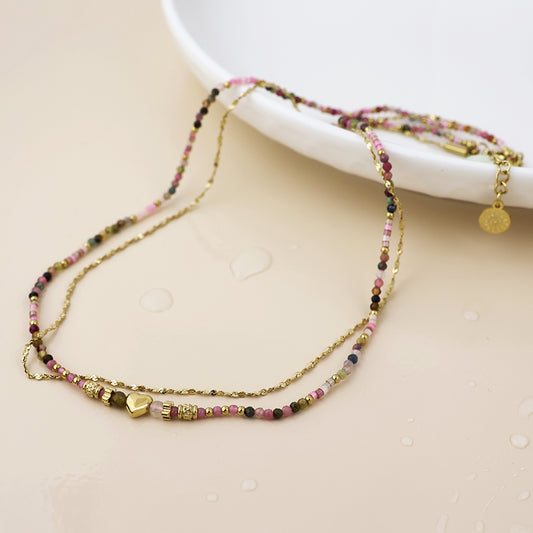 Waterproof Heart & Pink Beaded Layered Necklace