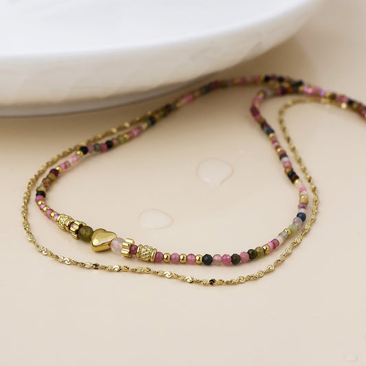 Waterproof Heart & Pink Beaded Layered Necklace