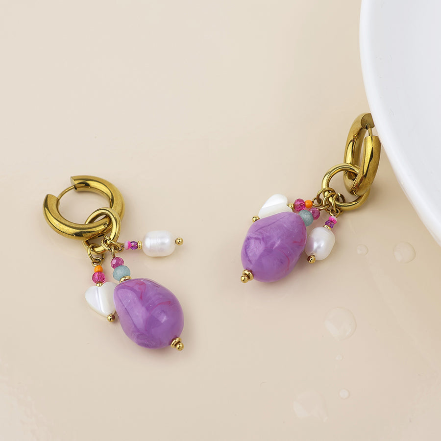 Waterproof Hoop & Purple Bead Cluster Earrings