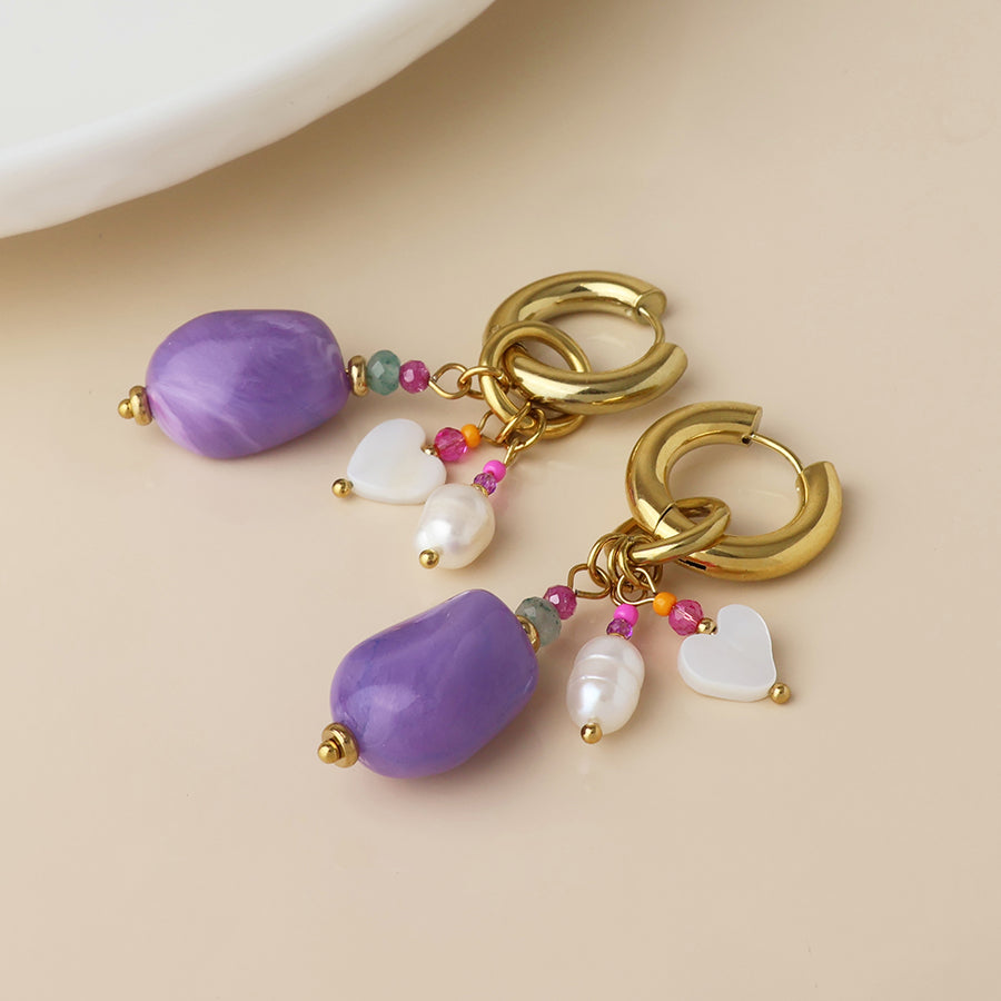 Waterproof Hoop & Purple Bead Cluster Earrings