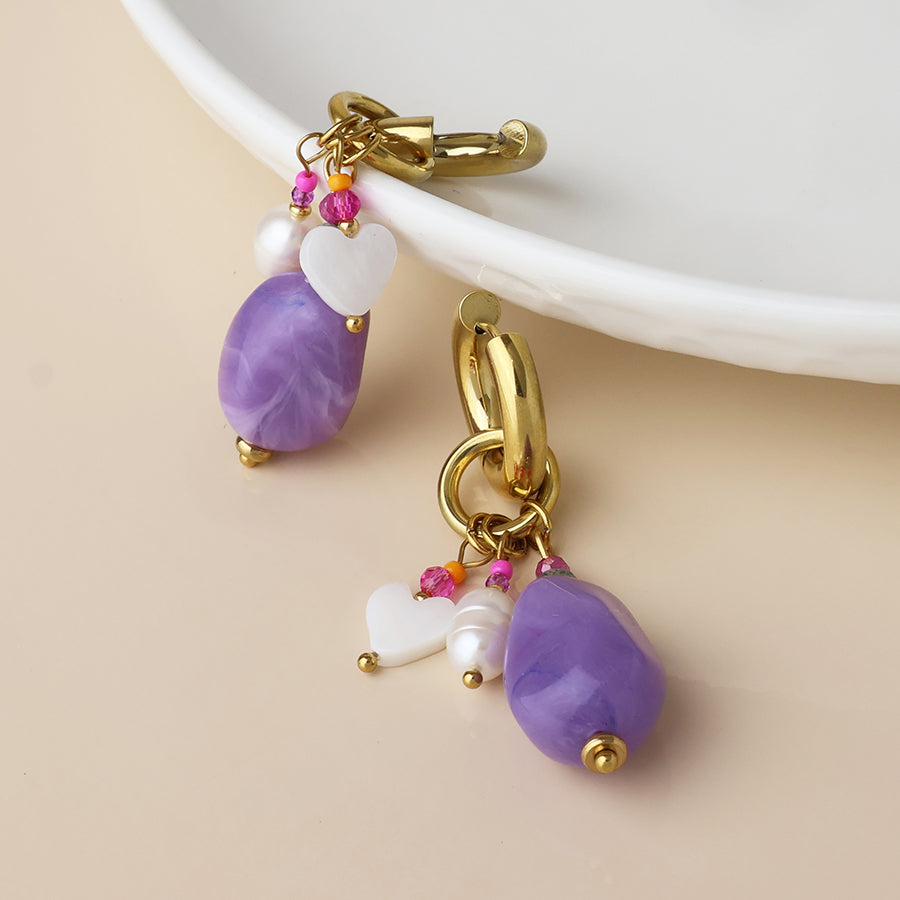 Waterproof Hoop & Purple Bead Cluster Earrings