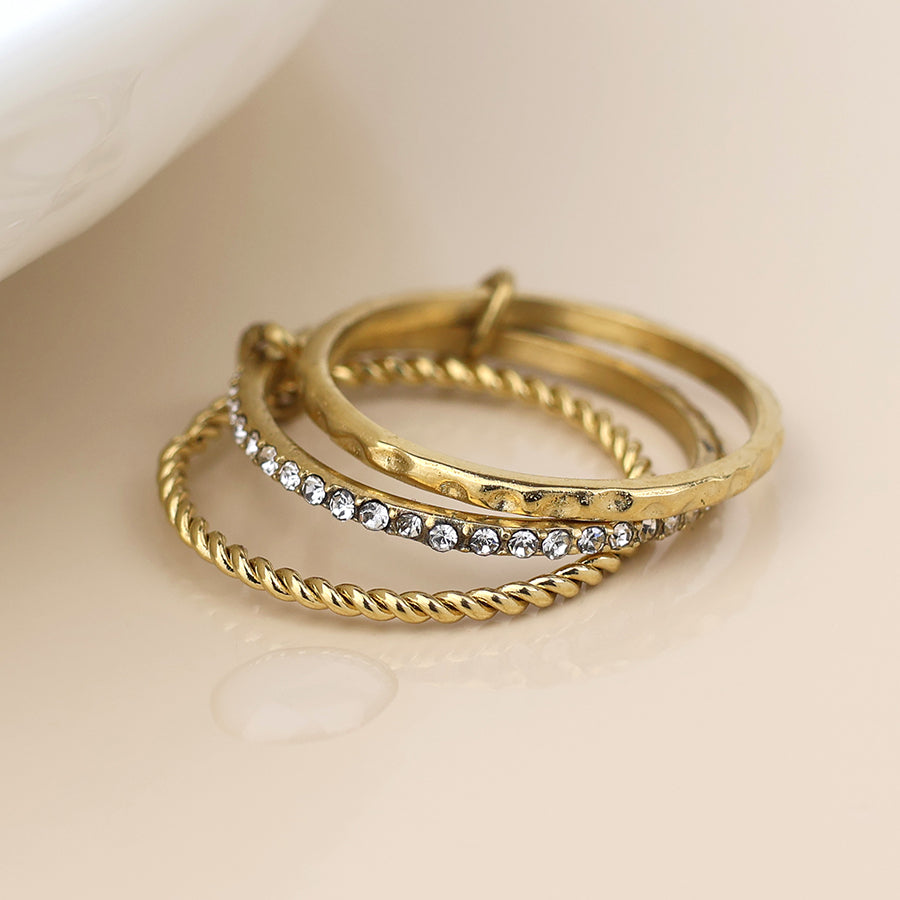 Stainless Steel Linked Triple Ring Stack With Inset Crystals (S/M)