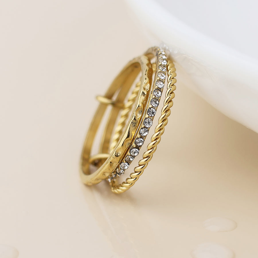 Stainless Steel Linked Triple Ring Stack With Inset Crystals (S/M)
