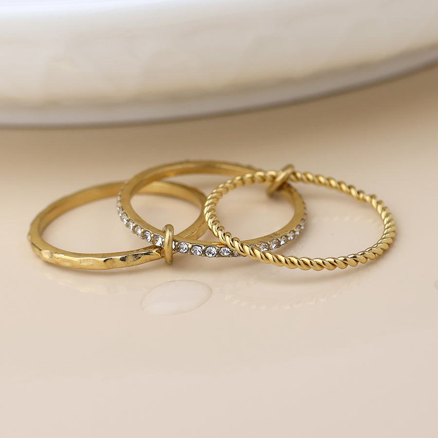 Stainless Steel Linked Triple Ring Stack With Inset Crystals (S/M)