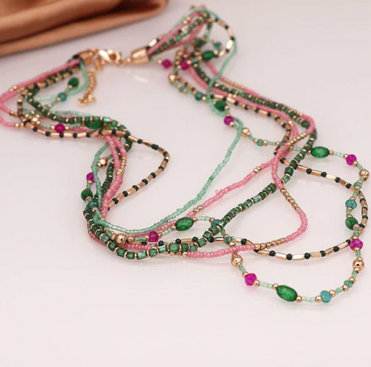 Turquoise, Pink & Green Layered Bead Necklace