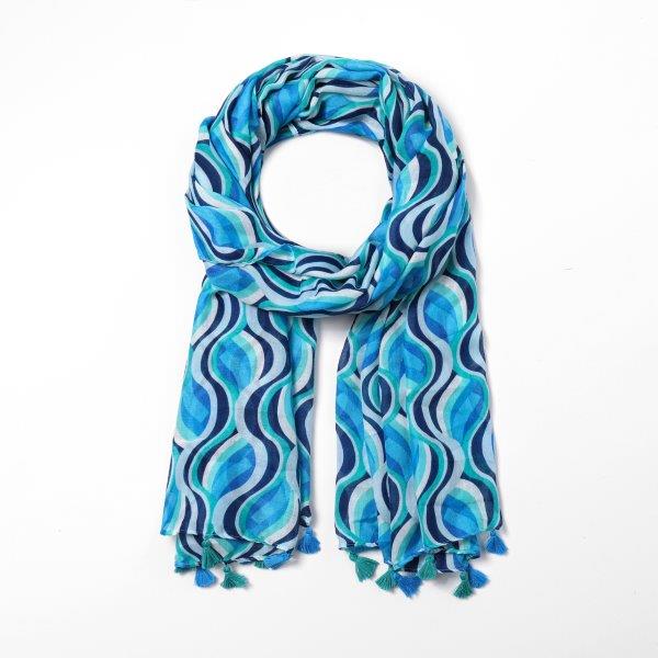 Summer Wave Print Scarf With Tassel | Blue