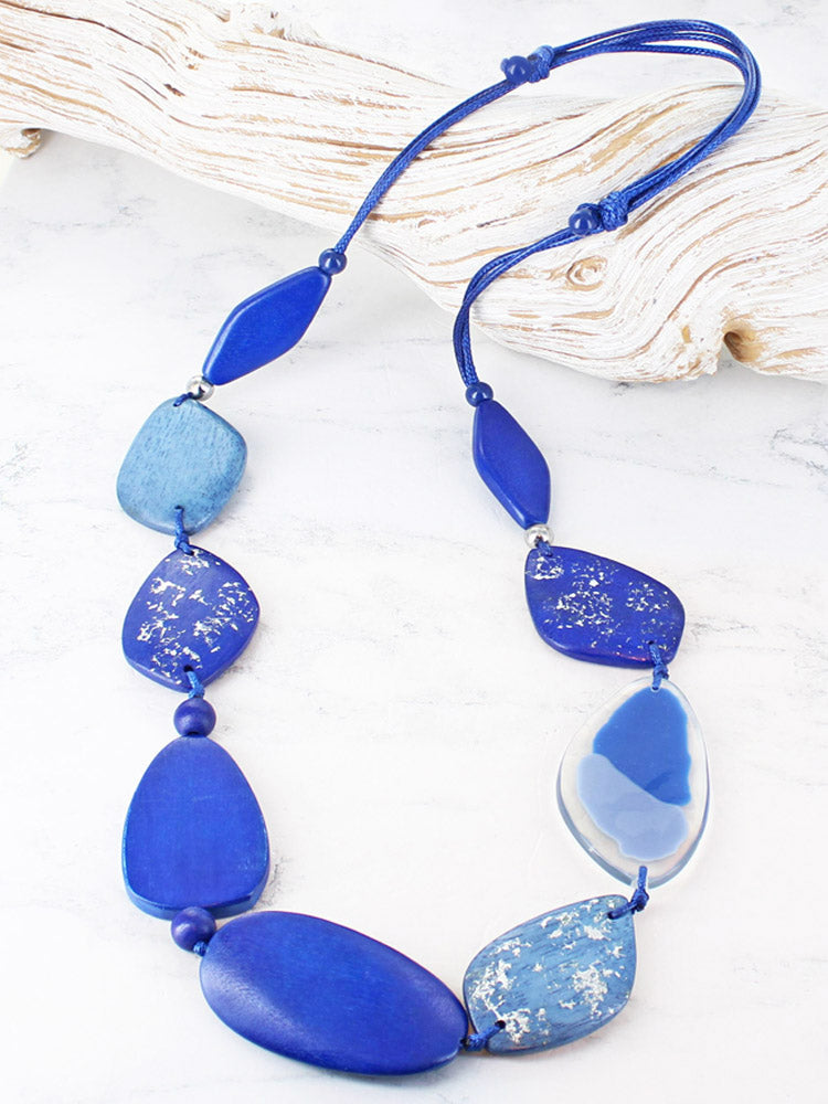 Resin & Wood Long Necklace | Blue