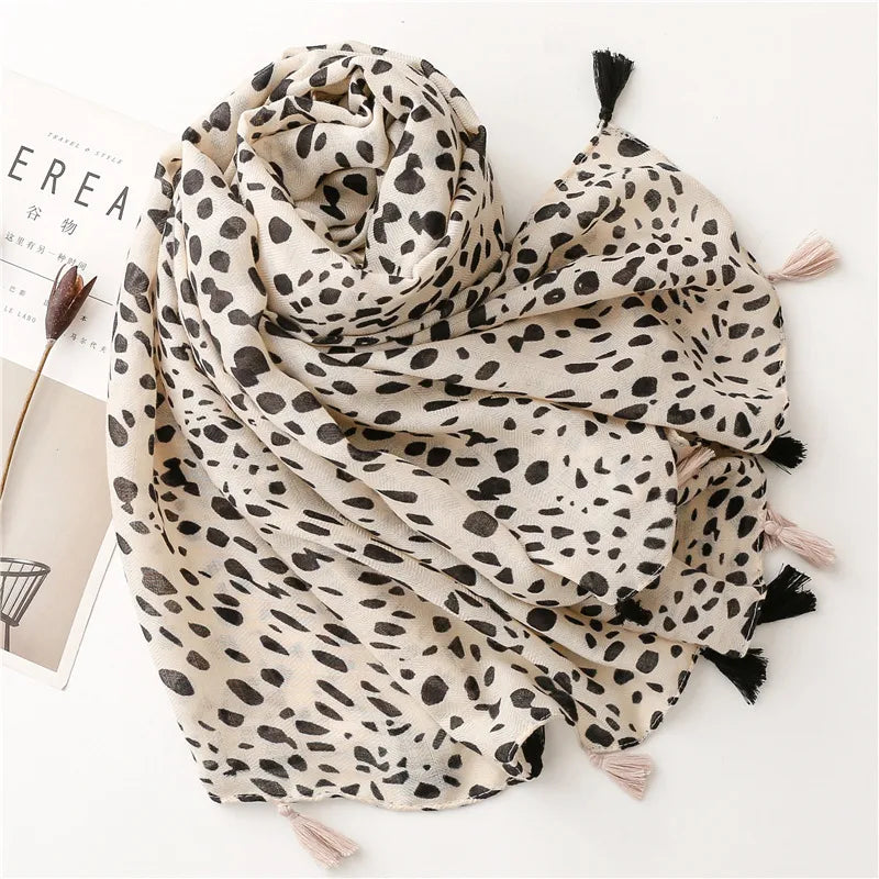 Spring Summer Animal Print Scarf With Tassel