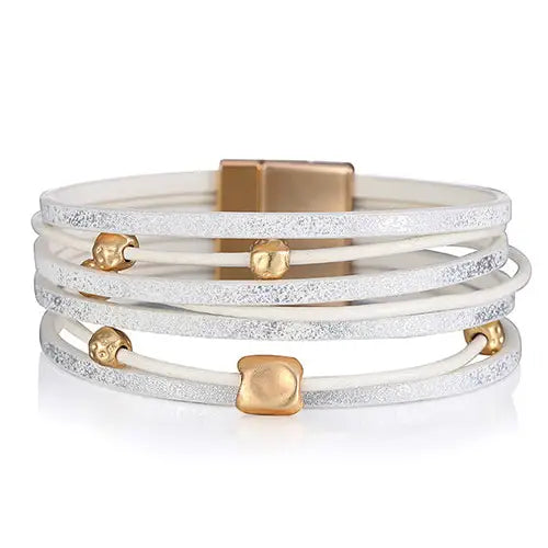 White - Gold Beaded Leather Wrap Magnetic Bracelet