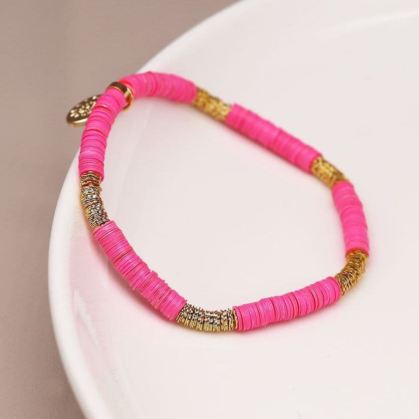 Hot Pink & Gold Fimo Bead Bracelet