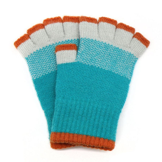 Fingerless Gloves | Aqua Ecru Burnt Orange Block Stripe