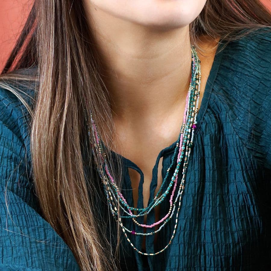 Turquoise, Pink & Green Layered Bead Necklace