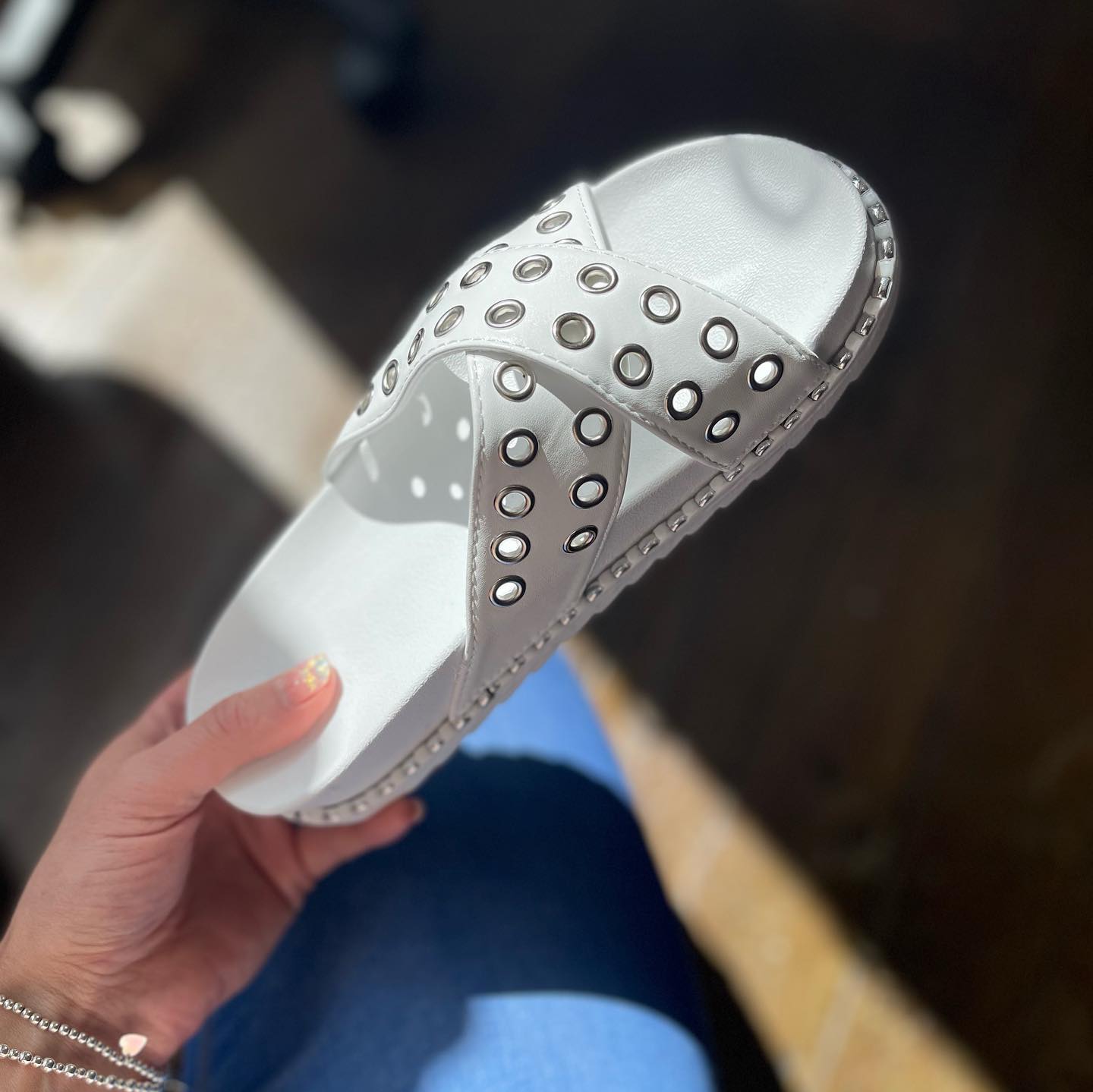 Ladies Eyelet Crossover Sliders | White