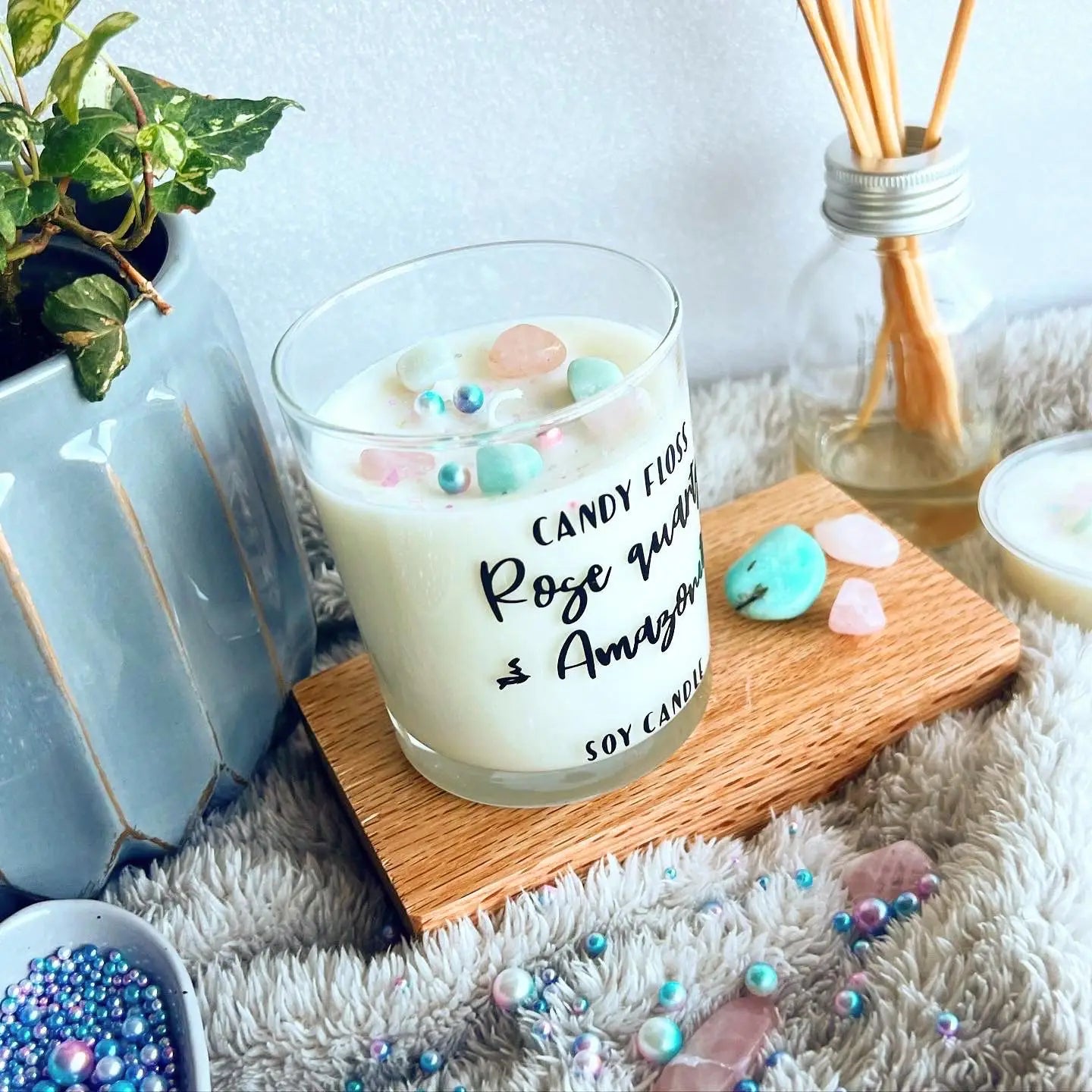 Candy Floss, Rose Quartz & Amozonite Soy Wax Candle