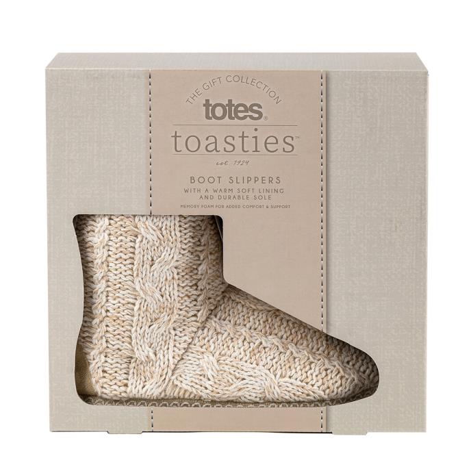 Totes Ladies Tall Knitted Cable Boot Slippers With Borg Lining