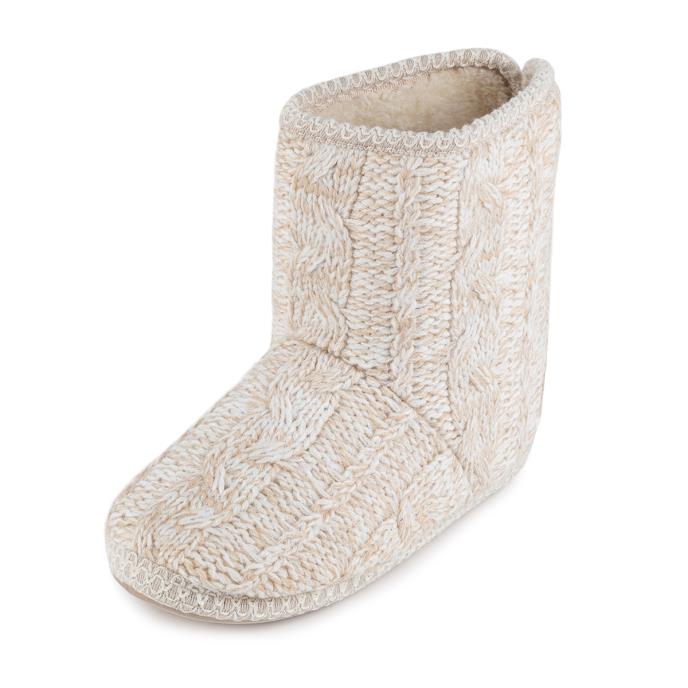 Totes Ladies Tall Knitted Cable Boot Slippers With Borg Lining