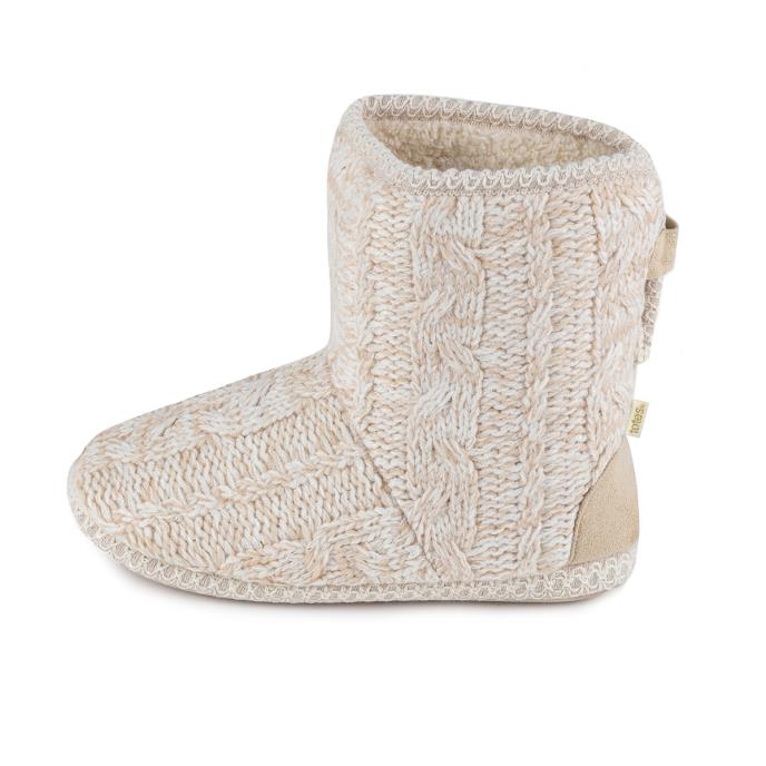 Totes Ladies Tall Knitted Cable Boot Slippers With Borg Lining