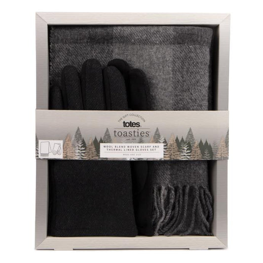 Totes Mens Wool Blend Check Scarf & Glove Set