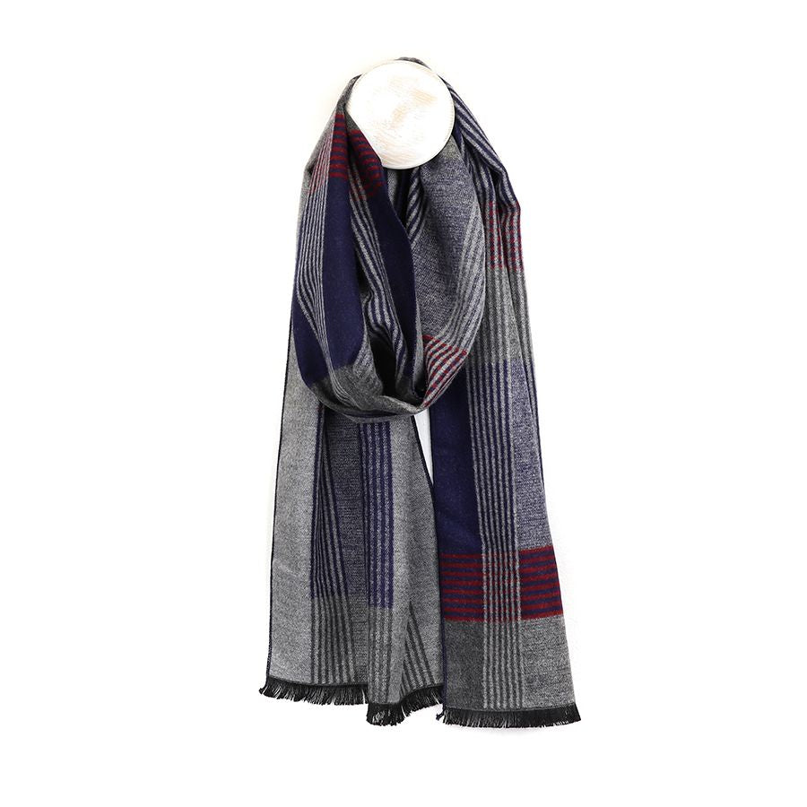 Mens Navy & Grey Lined Check Scarf
