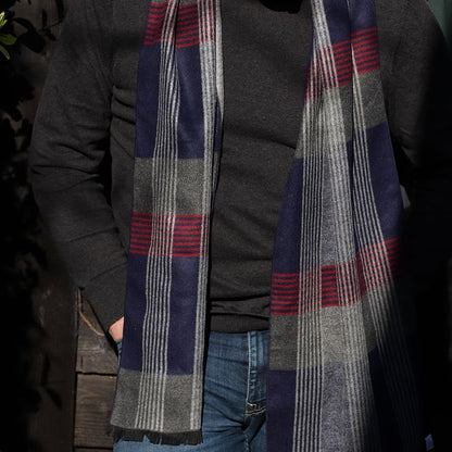 Mens Navy & Grey Lined Check Scarf