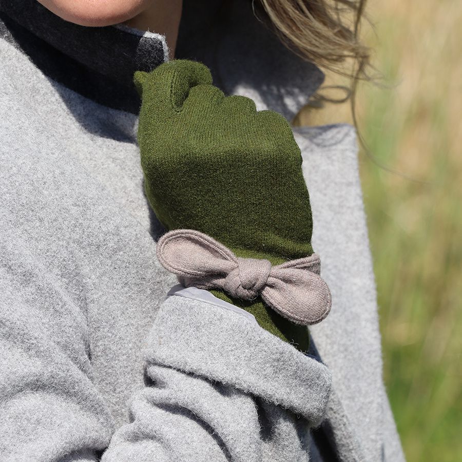 Olive Wool Mix & Pink Bow Gloves