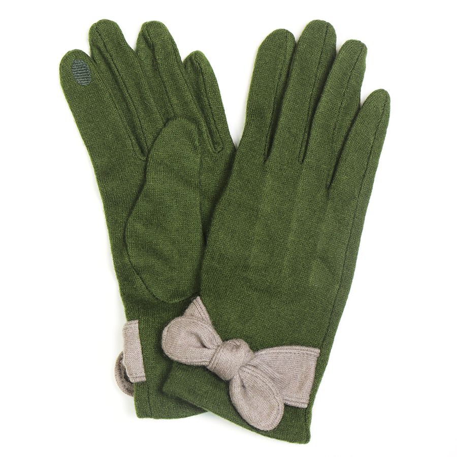 Olive Wool Mix & Pink Bow Gloves