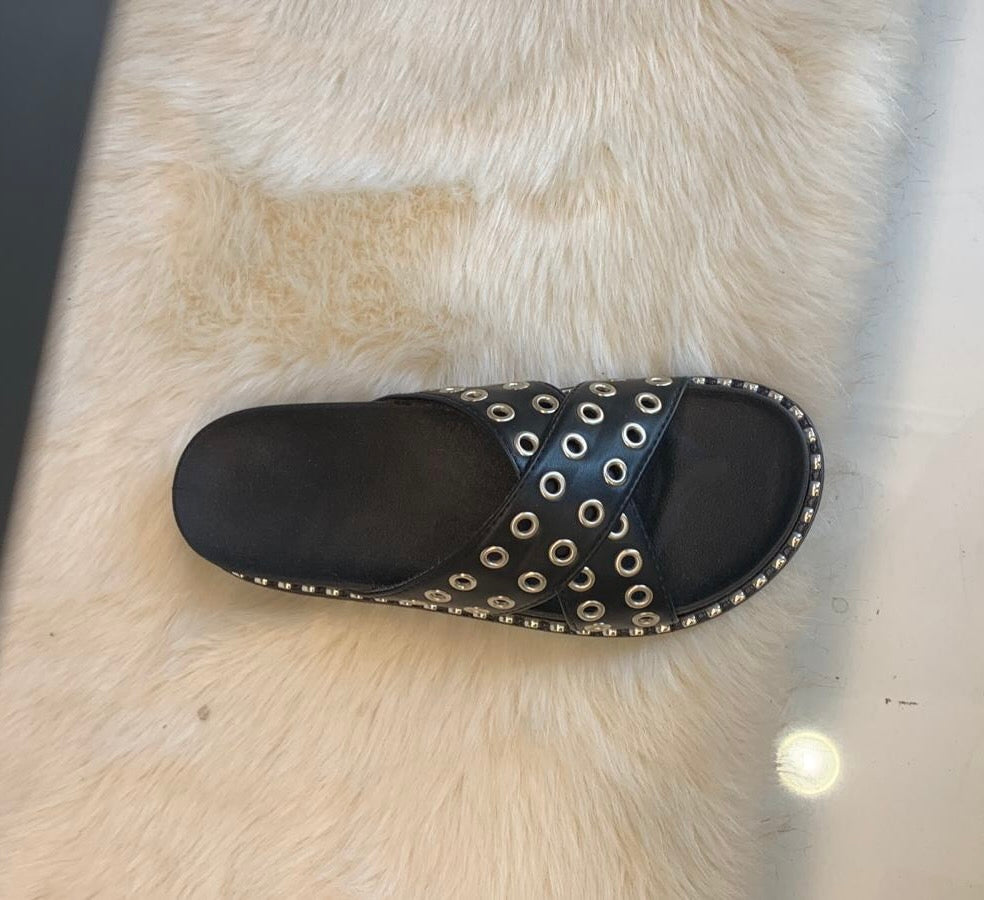 Ladies Eyelet Crossover Sliders | Black