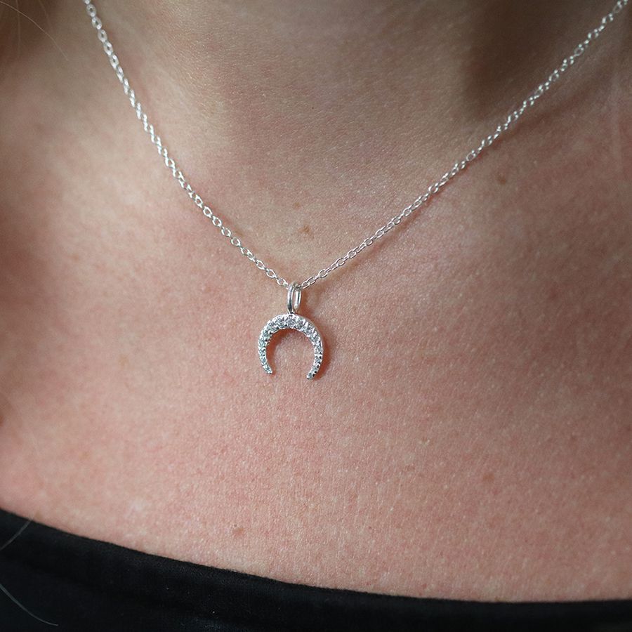 Sterling Silver Inverted Crystal Crescent Necklace