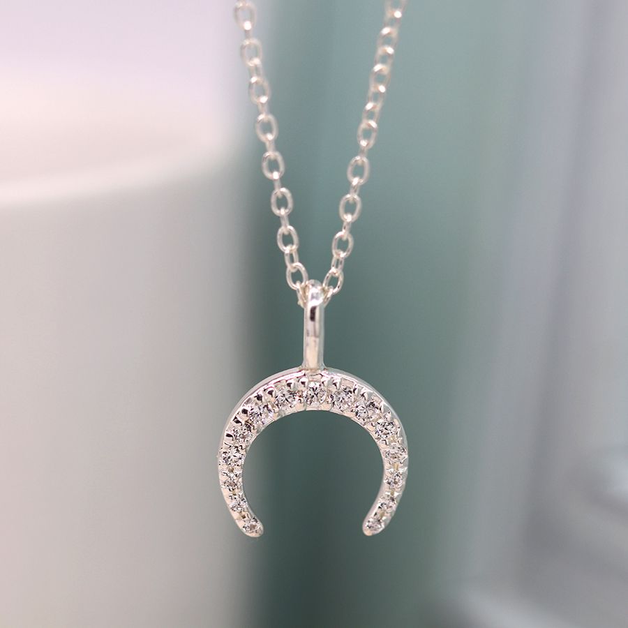 Sterling Silver Inverted Crystal Crescent Necklace