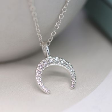 Sterling Silver Inverted Crystal Crescent Necklace