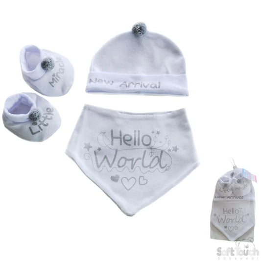 White Bandana Bib, Hat & Bootee Set With Pom Poms